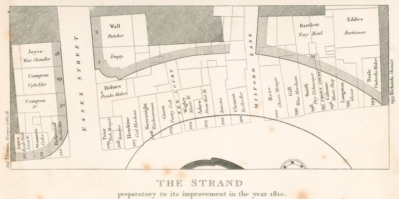 The Strand, London, före dess förbättring år 1810; plan för området av English School