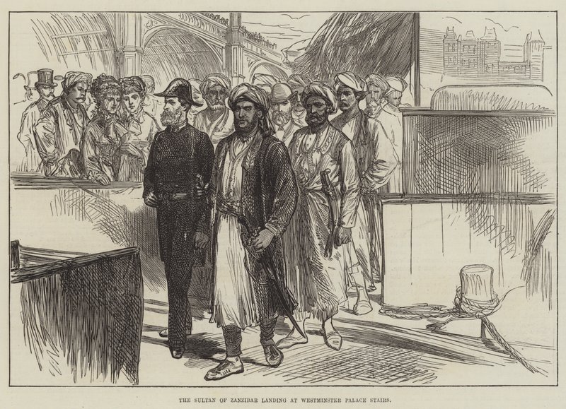 Sultanen av Zanzibar landar vid Westminster Palace Stairs (gravyr) av English School