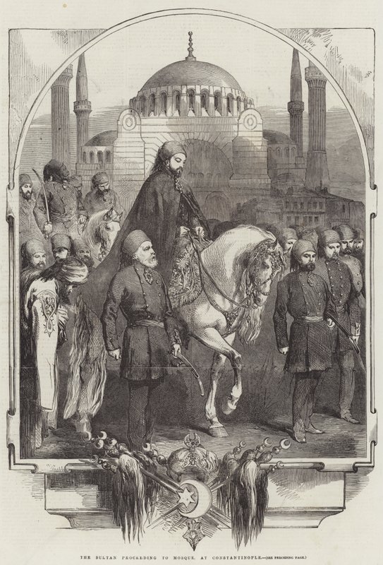 Sultanen fortsätter till moskén i Konstantinopel (gravyr) av English School