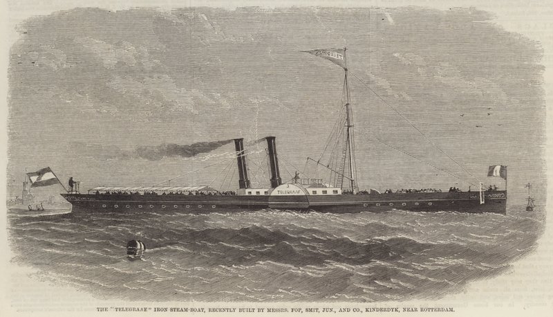 "Telegraaf" Iron Steam-Boat, nyligen byggd av Messers Fop, Smit, Junior and Company, Kinderdyk, nära Rotterdam (gravyr) av English School