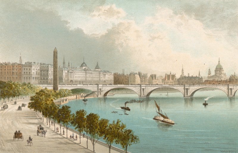 Themsen Embankment--blickar österut av English School