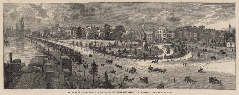 Thames Embankment, Whitehall, visar marken som regeringen hävdar av English School
