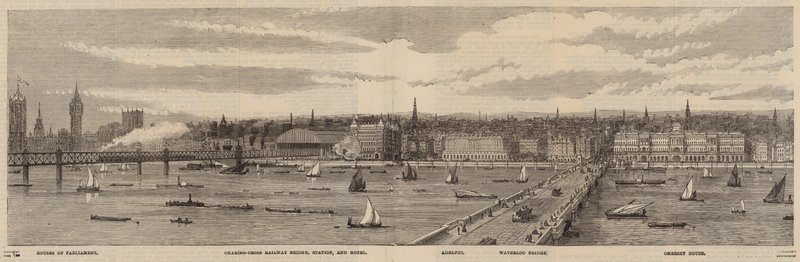 Themsen Embankment på norra sidan av Themsen från Palace of Westminster till Blackfriars Bridge av English School