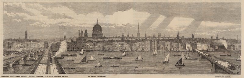 Themsen Embankment på norra sidan av Themsen från Palace of Westminster till Blackfriars Bridge av English School