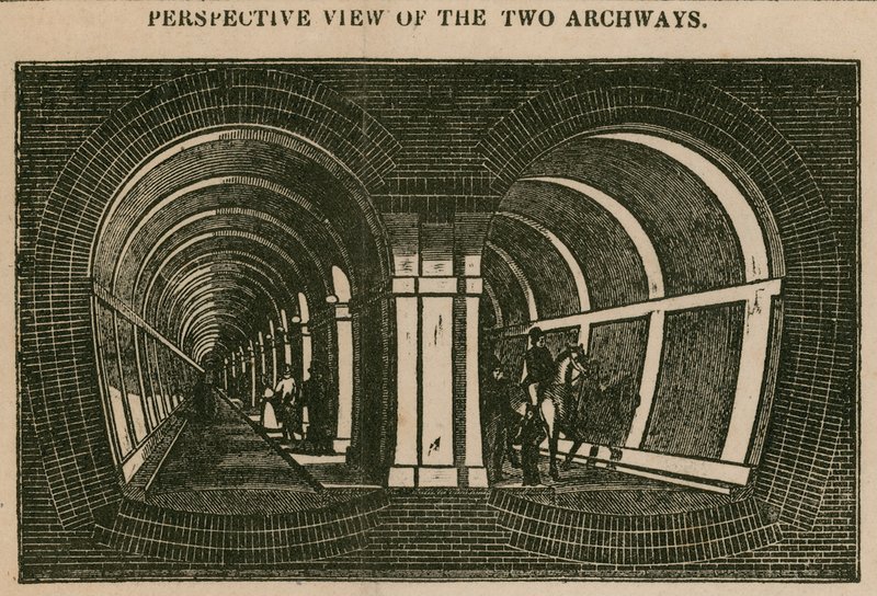 Themsen Tunnel: perspektivvy av de två bågarna av English School