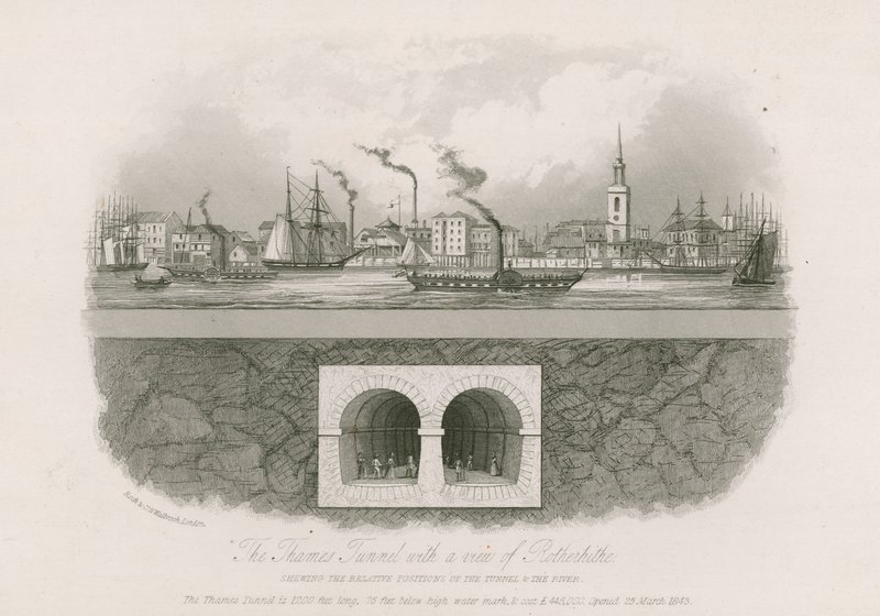 Themsen-tunneln med utsikt över Rotherhithe av English School