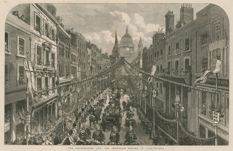 Thanksgiving Day: processionen som passerar uppför Ludgate Hill av English School