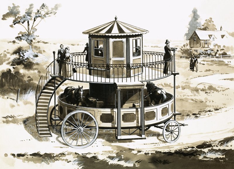 Løbebåndsbussen, opfundet i 1824 af William Francis Snowdonswed av English School