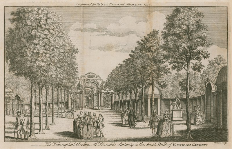 Triumfbågen, Mr Handels Statue, i South Walk of Vauxhall Gardens, London av English School