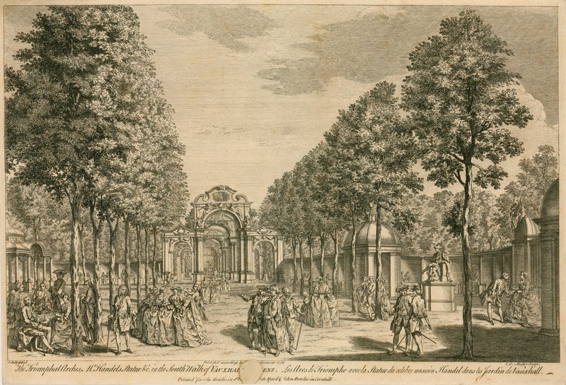 Triumfbågen, Mr Handels Statue, i South Walk of Vauxhall Gardens, London av English School