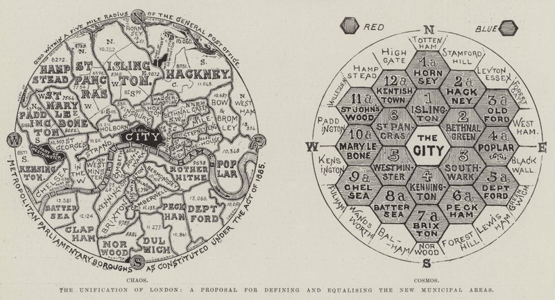 The Unification of London, ett förslag för att definiera och utjämna de nya kommunala områdena (gravyr) av English School