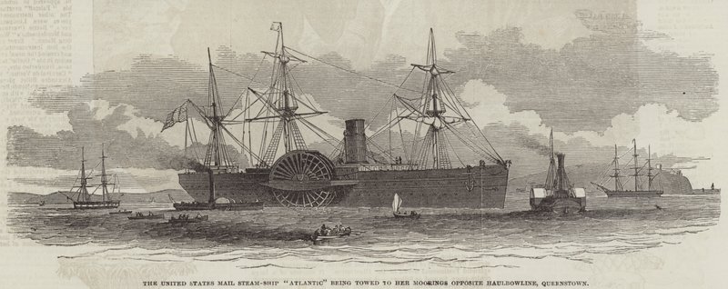 United States Mail Steam-Ship "Atlantic" bogseras till sina förtöjningsplatser mitt emot Haulbowline, Queenstown (gravyr) av English School