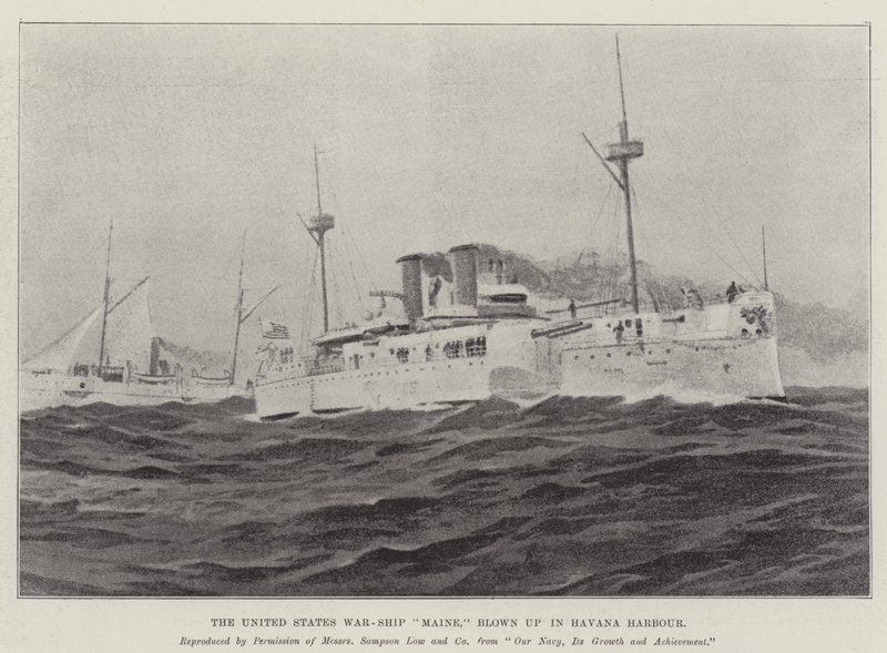 USA:s krigsfartyg "Maine" sprängdes i Havannas hamn (litho) av English School