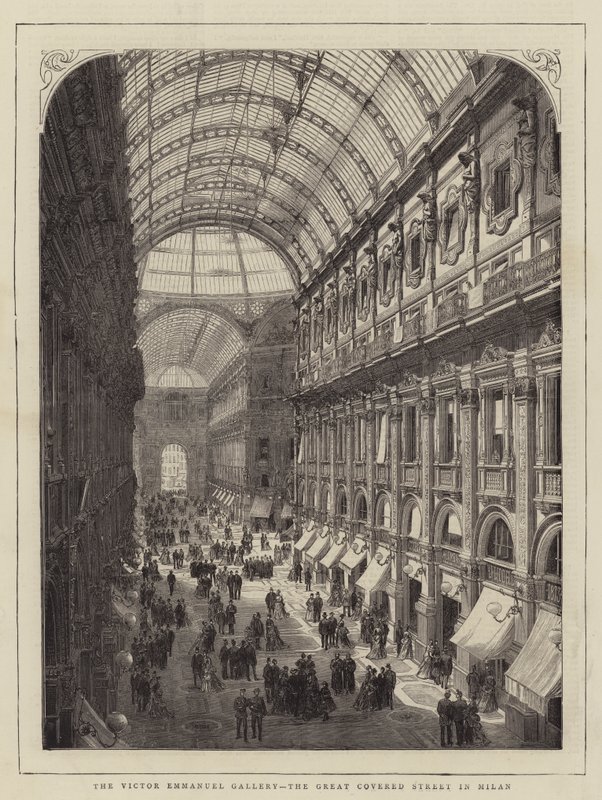 Victor Emmanuel Gallery, den stora täckta gatan i Milano (gravyr) av English School