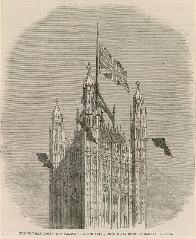 Victoria Tower, nya Palace of Westminster, på dagen för Sir C Barnets begravning av English School