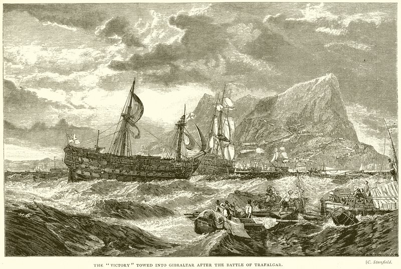 Segern bogserades in i Gibraltar efter slaget vid Trafalgar av English School