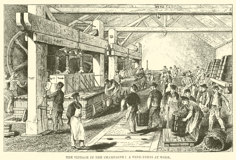 The Vintage in the Champagne: A Wine-Press at Work (gravyr) av English School