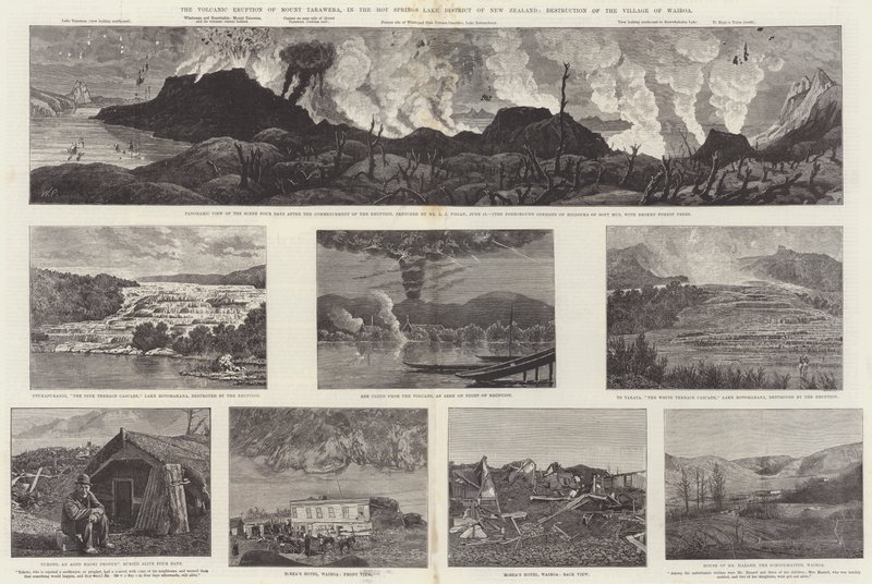 Vulkanutbrottet av Mount Tarawera, i Hot Springs Lake District i Nya Zeeland, förstörelse av byn Wairoa (gravyr) av English School