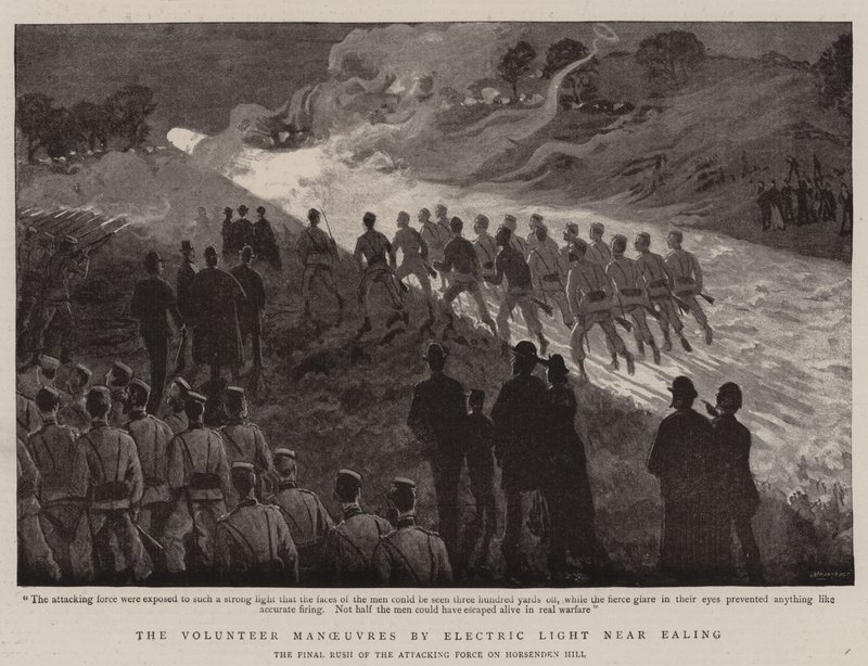 The Volunteer Maneuvers by Electric Light near Ealing (litho) av English School