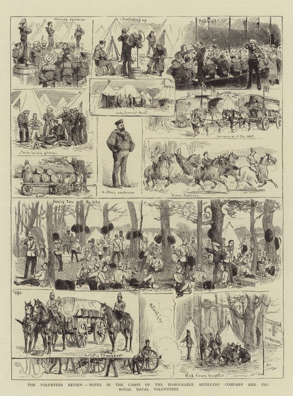 Frivilliggranskningen, anteckningar i lägren för det ärade artillerikompaniet och Royal Naval Volunteers (gravyr) av English School