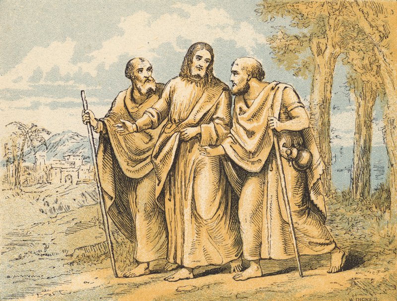 Vandringen till Emmaus (färgad gravyr) av English School