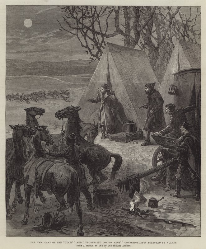 The War, Camp of the "Times" och "Illustrated London News" Korrespondenter attackerade av vargar (gravyr) av English School