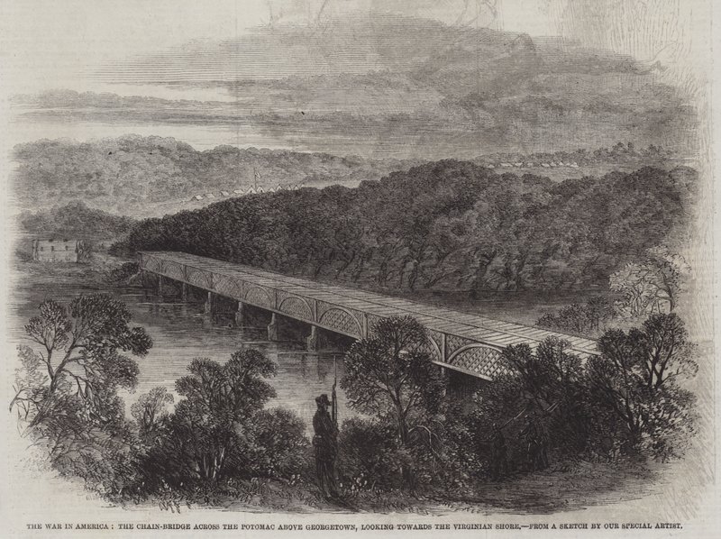 Kriget i Amerika, Kedjebron över Potomac ovanför Georgetown, med utsikt mot Virginia Shore (gravyr) av English School