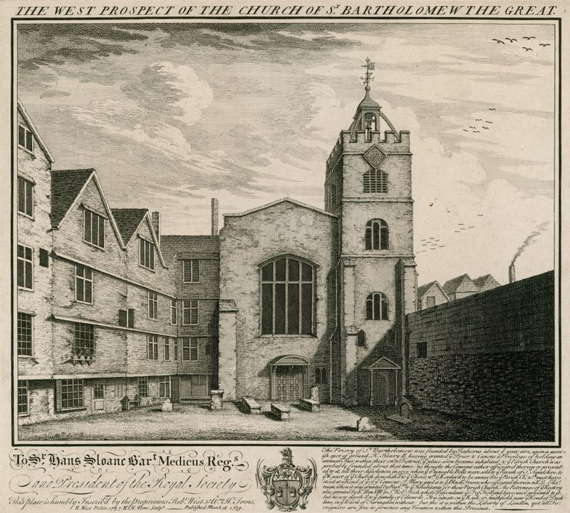 Västra utsikten över kyrkan St Bartholomew den store av English School