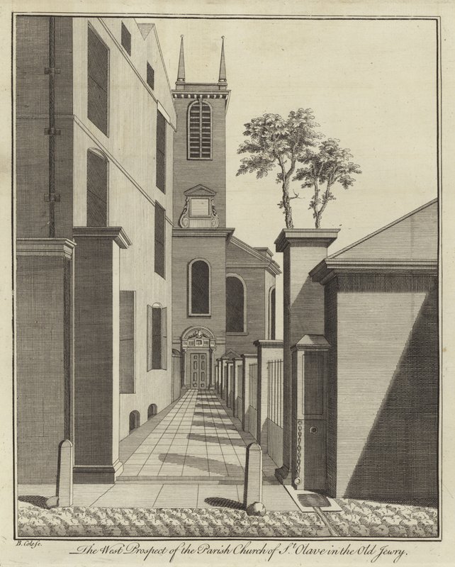 The West Prospect of the Parish Church of St Olave i Old Jewry, London av English School