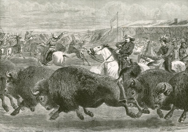 Vilda västern på den stora amerikanska utställningen - jagar bison och wapitihjort av English School