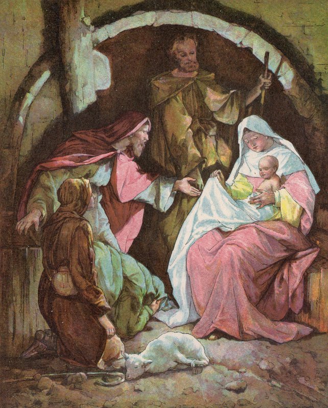 De vise männen hittar Jesusbarnet (färg litho) av English School