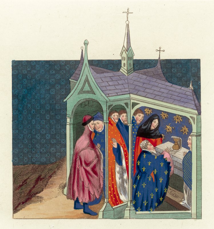 Överenskommelsen mellan Earl of Northumberland och kung Richard II (färgad gravyr) av English School