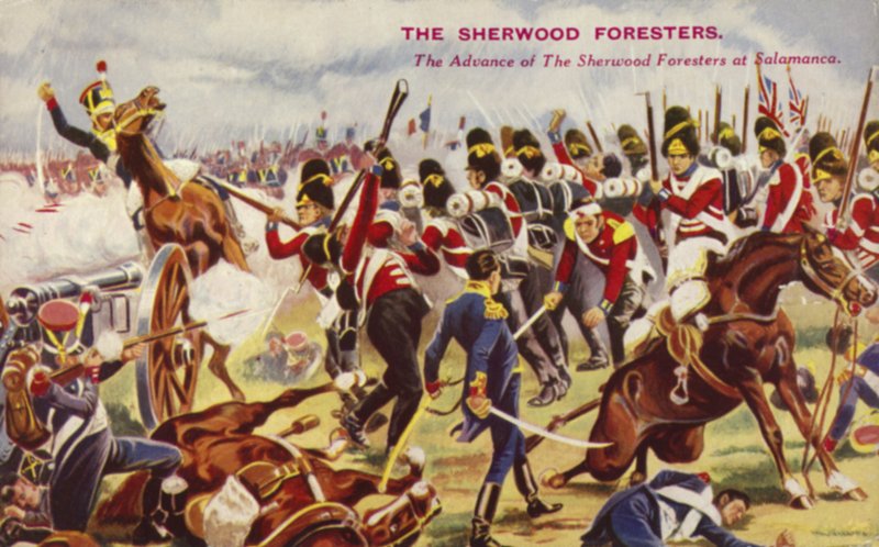 Sherwood Foresters frammarsch vid slaget vid Salamanca, Spanien, halvönskriget, 1812 av English School