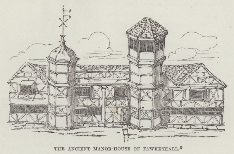 Fawkeshalls gamla herrgård (gravyr) av English School