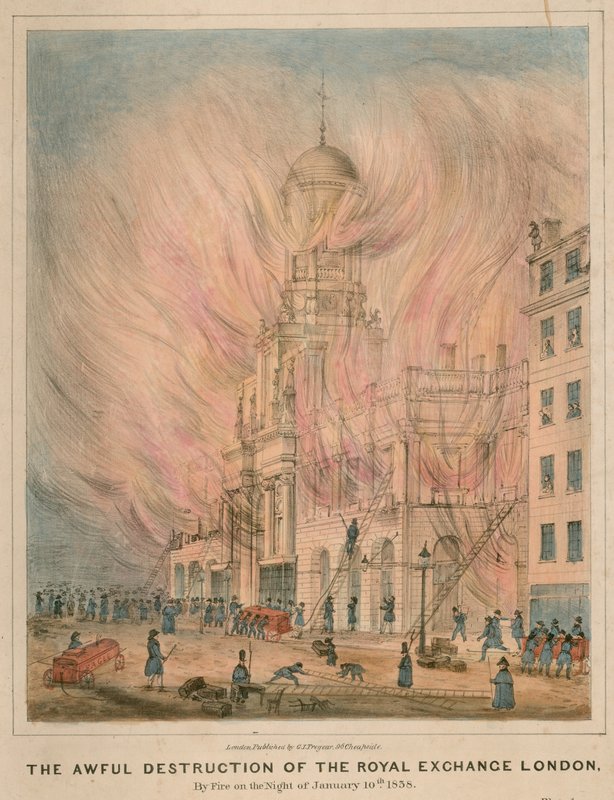 Den fruktansvärda förstörelsen av Royal Exchange, London, genom brand natten till den 10 januari 1838 av English School