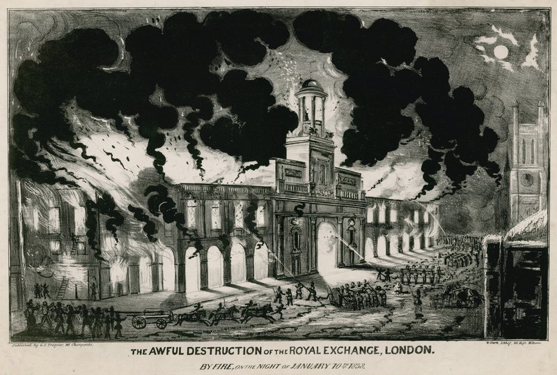 Den fruktansvärda förstörelsen av Royal Exchange, London, genom brand natten till den 10 januari 1838 av English School