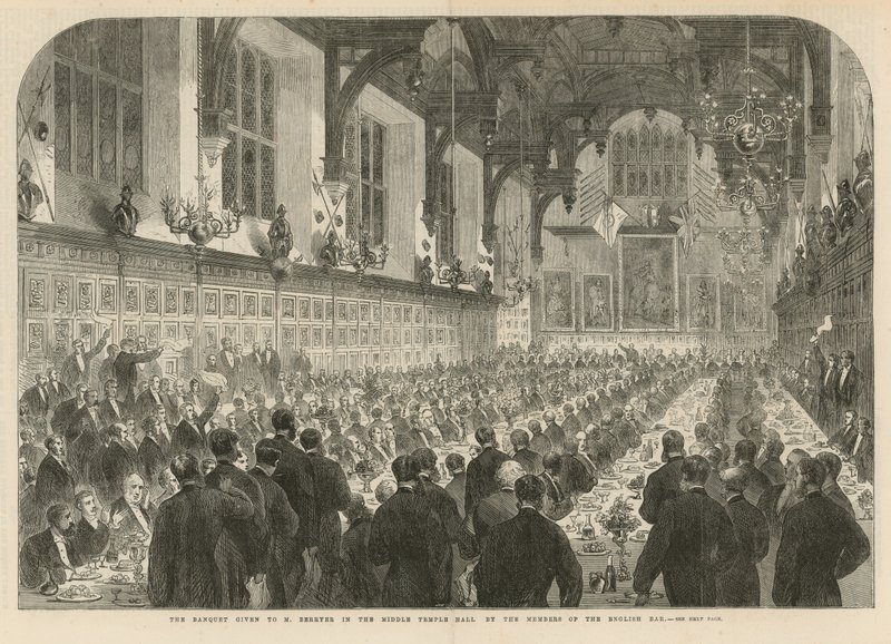 Banketten som gavs till M Berryer i Middle Temple Hall av English School