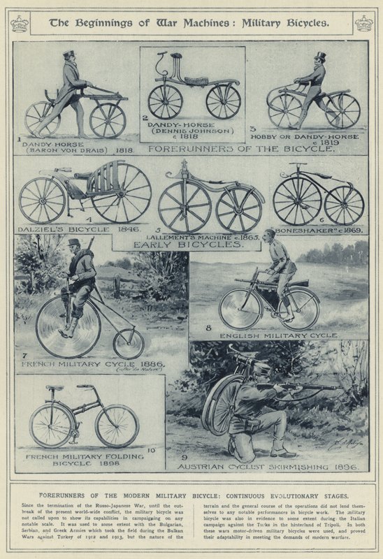 Början av krigsmaskiner, militärcyklar, föregångare till den moderna militärcykeln, kontinuerliga evolutionära stadier av English School