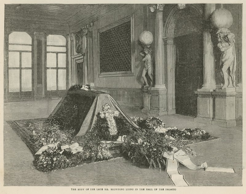 Kroppen av den avlidne Mr Browning som ligger i hallen i Palazzo Rezzonico, Venedig av English School