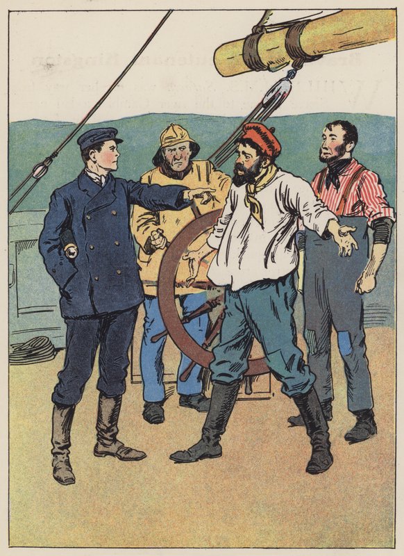 Pojkens kapten håller ordning på sjömännen (färg litho) av English School