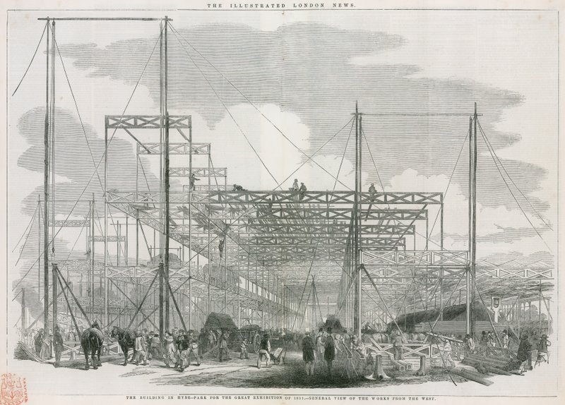 Byggnaden i Hyde Park, London, för den stora utställningen 1851 av English School