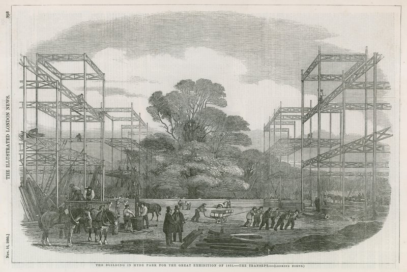 Byggnaden i Hyde Park, London, för den stora utställningen 1851 av English School