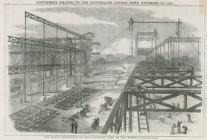 Byggnaden i Hyde Park, London, för den stora utställningen 1851 av English School