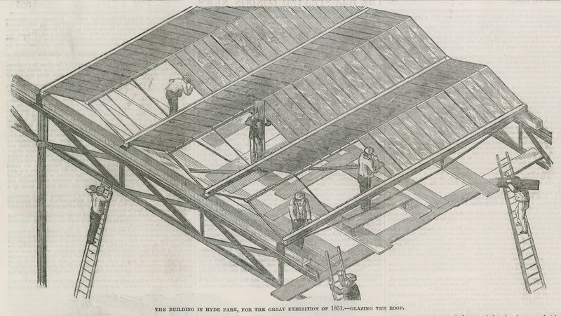 Byggnaden i Hyde Park, London, för den stora utställningen 1851 av English School