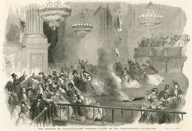 Brännandet av Covent Garden Theatre, London - Masqueraders flygning av English School