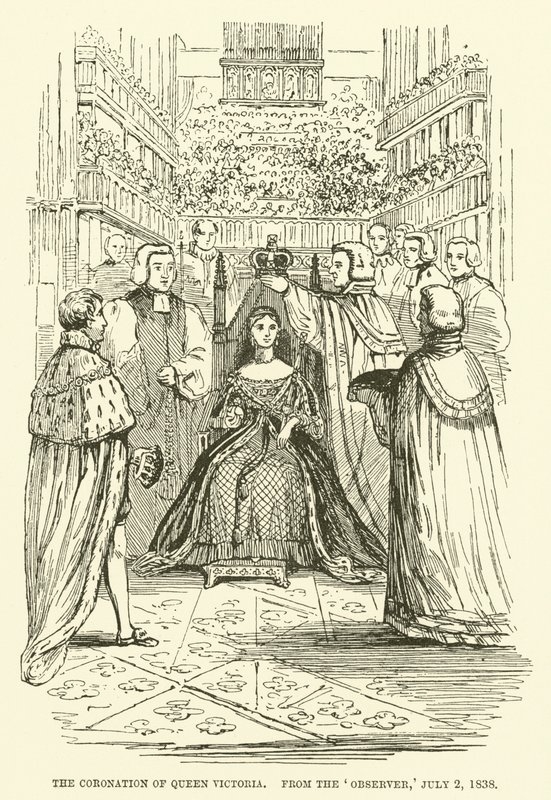 Kröningen av drottning Victoria, från Observer, 2 juli 1838 (gravyr) av English School