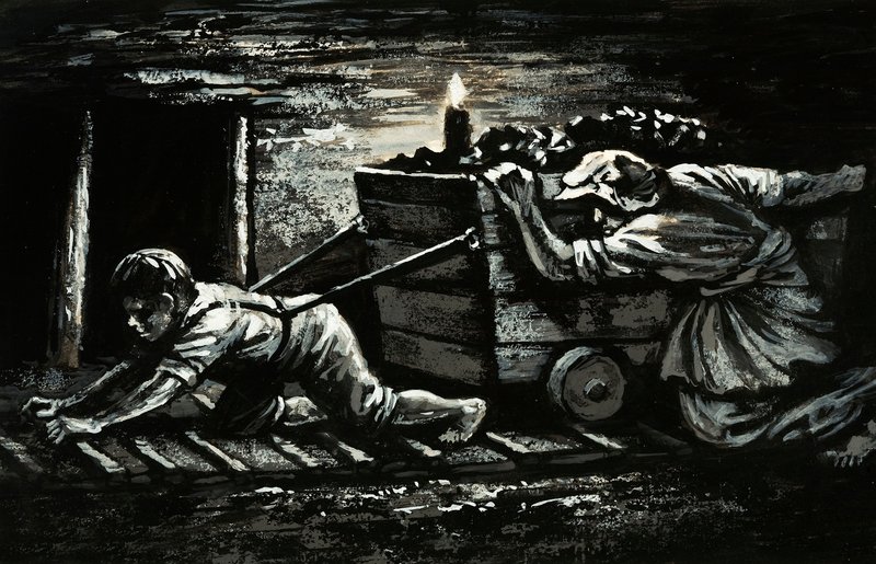 Den mörka sidan av den industriella revolutionen: barnarbete (gouache på papper) av English School