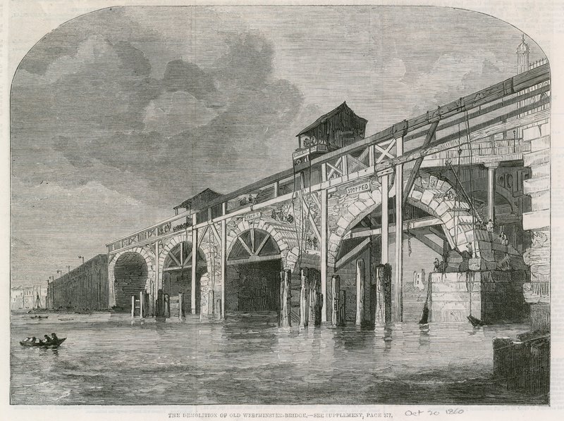 Rivningen av Old Westminster Bridge av English School