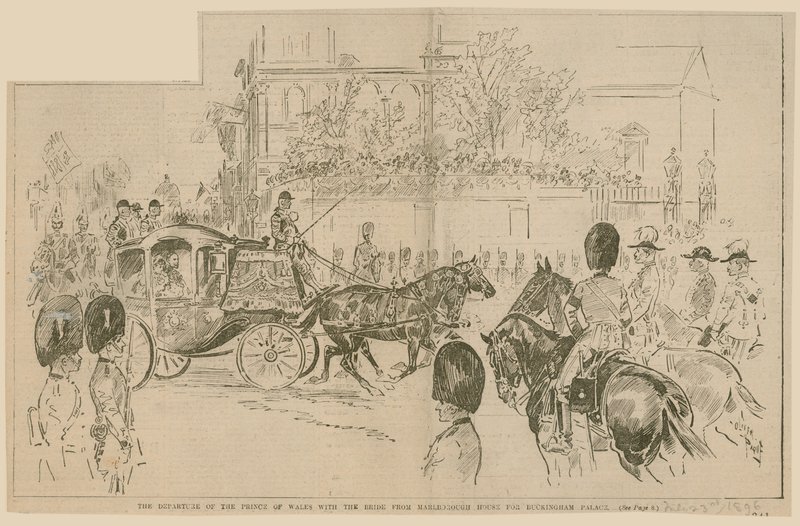 Prinsen av Wales avresa med bruden från Marlborough House till Buckingham Palace, 23 juli 1896 av English School
