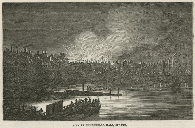 Brandförstörelsen av Hungerford Hall, Strand, London av English School